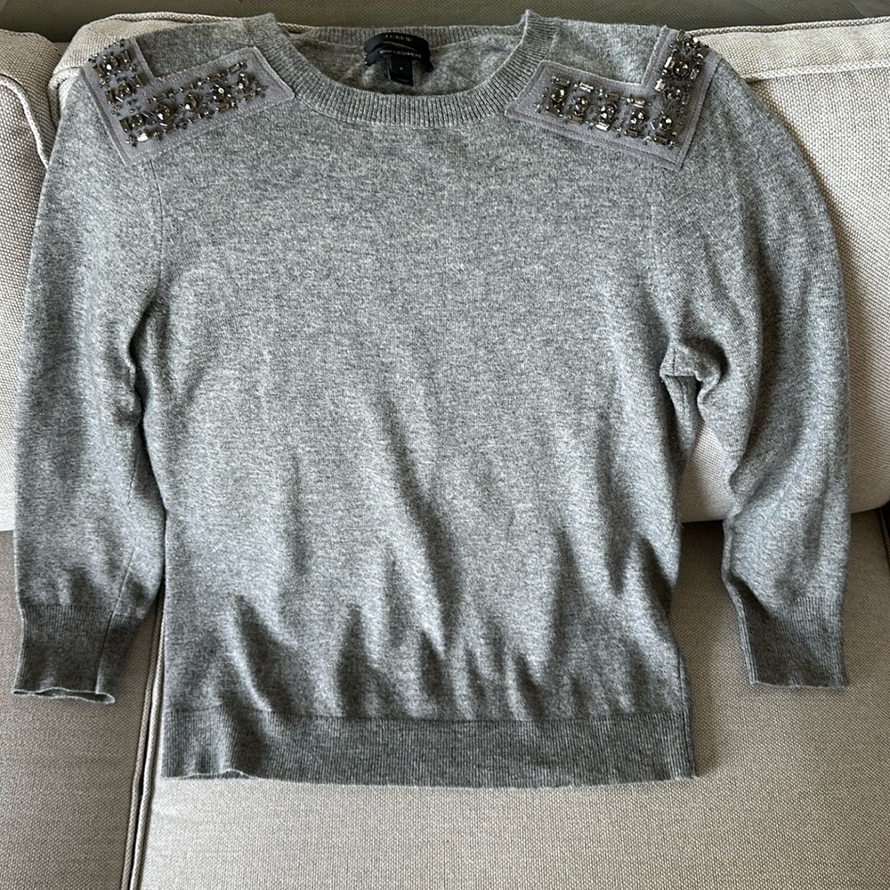 J CREW Cashmere Blend Rhinestone Jewel Accented Sweater Color Gray Size S